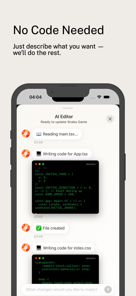 Mosaic AI - AI App Builder - Interfaz de la app Mosaic AI mostrando al editor de IA generando código basado en descripciones en lenguaje natural