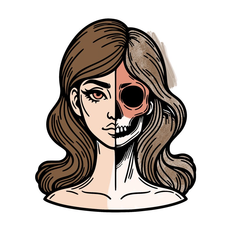 bust of a woman, half face and hair, half skull