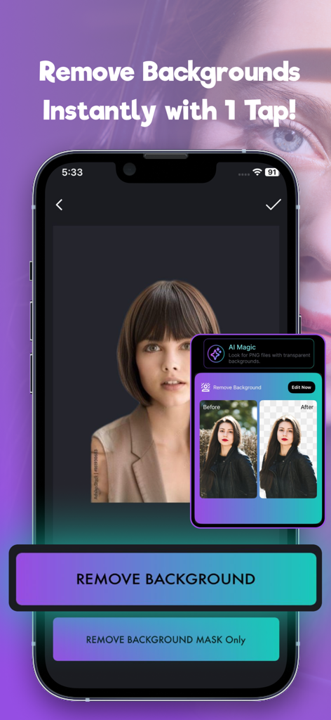 Pantalla de iPhone que muestra la función de eliminación de fondo con IA de la aplicación Editor de Fotos.
