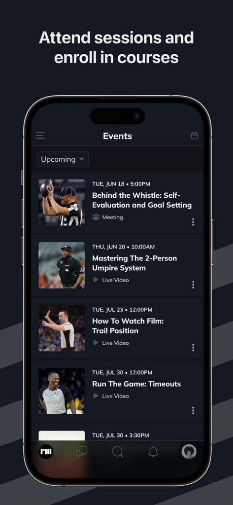 RefMasters Community - A list of upcoming training sessions and courses for sports officials in the RefMasters app