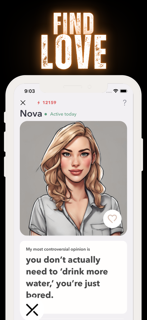 In-game dating app interface from Life Simulator Podcast Star showing a character profile named Nova