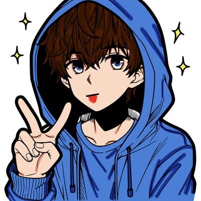teenage manga boy in a hoodie, doing ✌