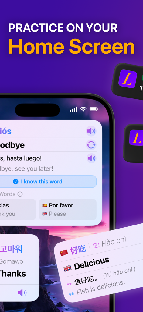 Lingo: Daily Language Learning - Uma tela de smartphone exibindo vários widgets de aprendizagem de idiomas para praticar vocabulário na tela inicial