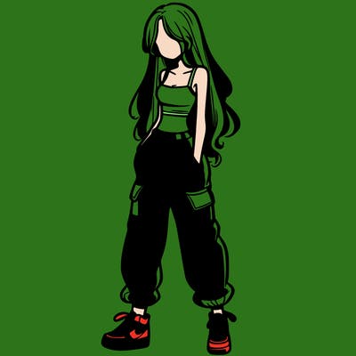 girl in baggy pants crop top and long hair