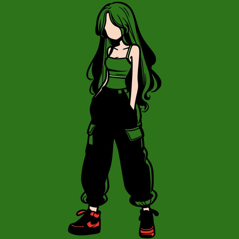 girl in baggy pants crop top and long hair