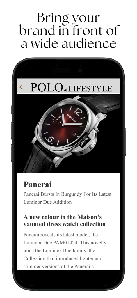 POLO & Lifestyle Magazine - iPhone affichant une fonctionnalité de montre de luxe dans l'application POLO et Lifestyle Magazine.