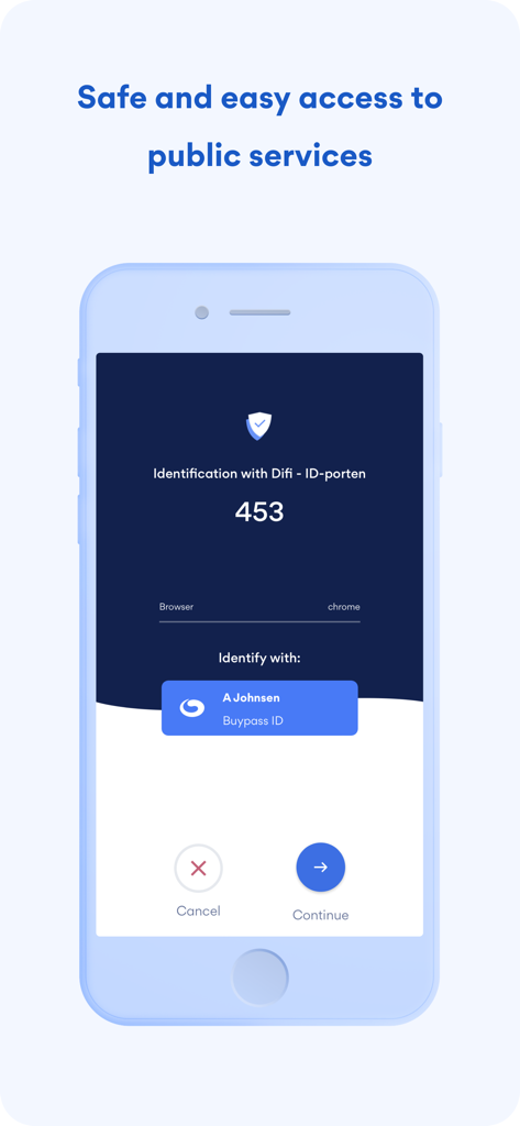 Buypass ID - Un smartphone mostrando la pantalla de autenticación de la aplicación Buypass ID para acceso seguro a servicios públicos a través de Difi ID-porten.