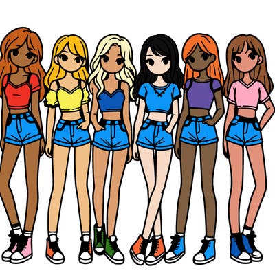 a group of girls wearing crop tops and shorts