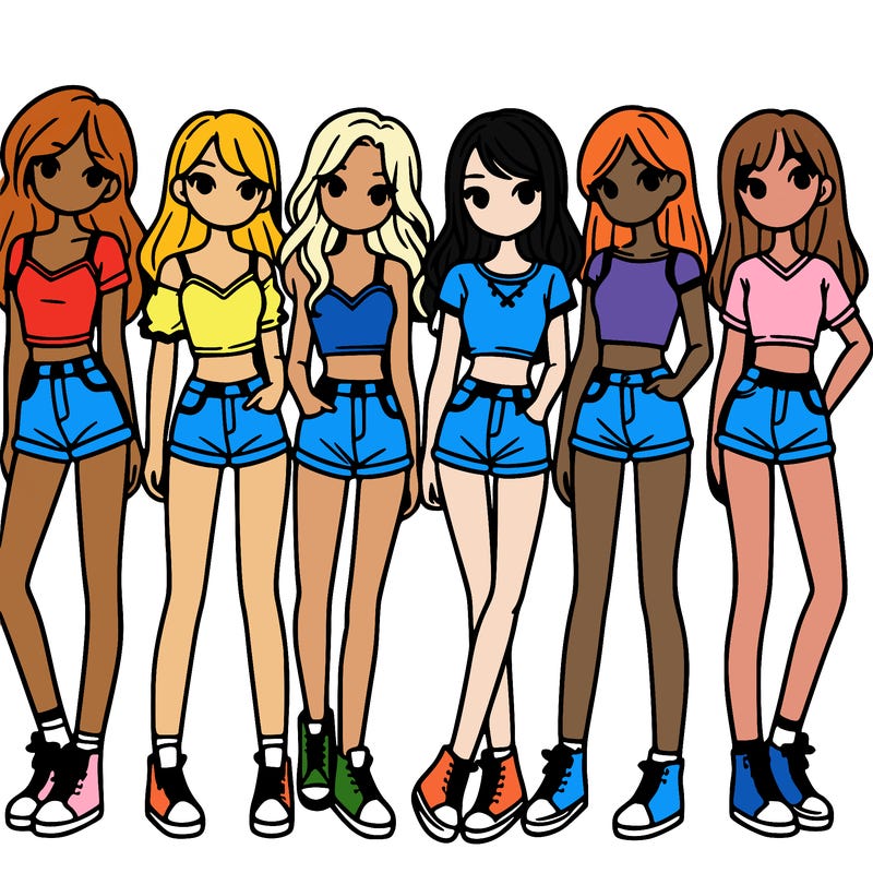 a group of girls wearing crop tops and shorts
