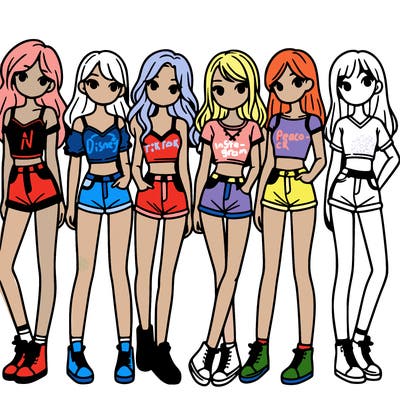 a group of girls wearing crop tops and shorts