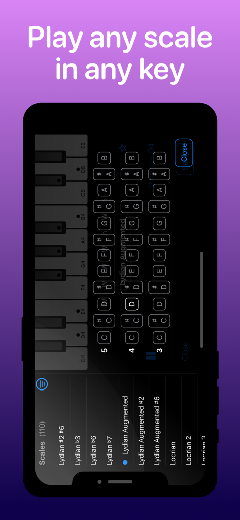 Sing Scales - Interfaz de la aplicación Sing Scales que muestra un piano vertical y una lista de escalas musicales para práctica vocal