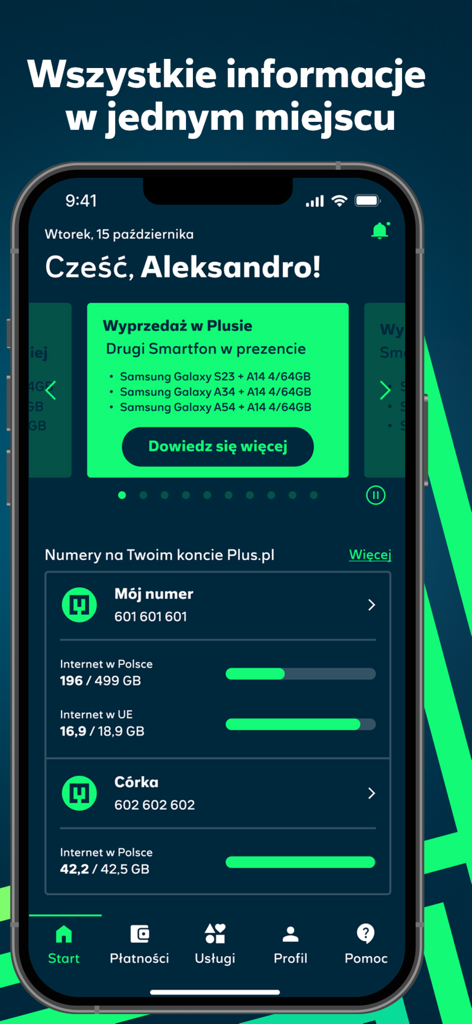 iPlus app home screen displaying data usage for multiple phone numbers and account promotions.