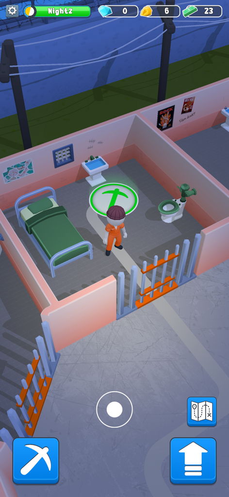 Prison Break-Out - Un personaje con un mono naranja se para en una celda de prisión junto a un icono de pico durante una misión de escape nocturno