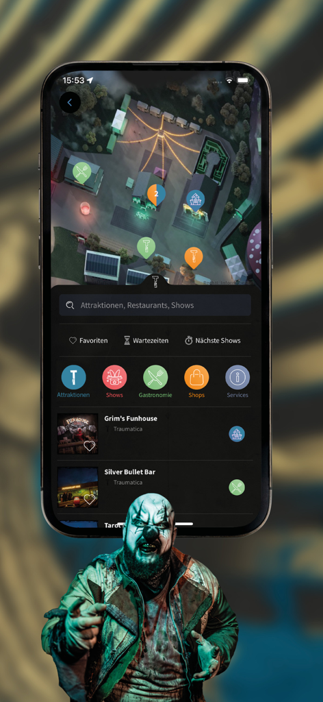 Traumatica - Interface do aplicativo móvel para Traumatica mostrando um mapa interativo do parque e lista de atrações com um personagem de palhaço assustador.