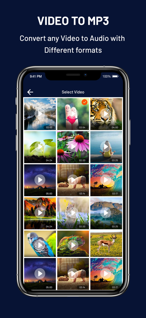 MP3 Converter : Video To MP3 - Smartphone screen showing the video selection menu of a video to MP3 converter app