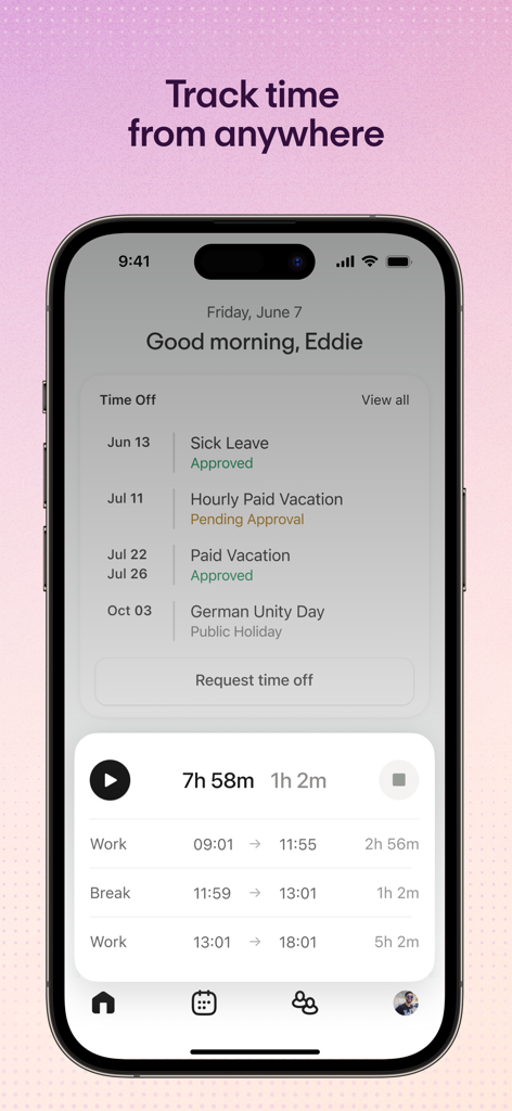 Personio mobile app interface showing employee work hours tracking and time off status