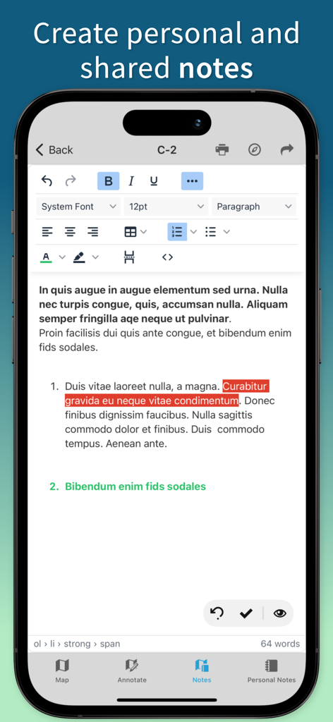 Pantalla de iPhone que muestra el editor de texto enriquecido en Territory Helper para crear notas personales y compartidas durante el servicio de campo