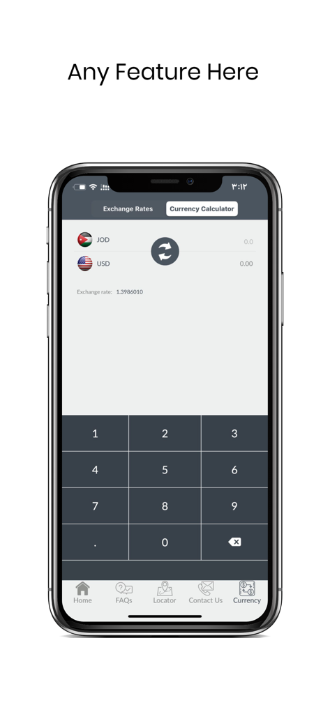 PIB Bank - Schermata dell'app PIB Bank che mostra un calcolatore di valuta per i tassi di cambio JOD e USD con tastierino numerico.