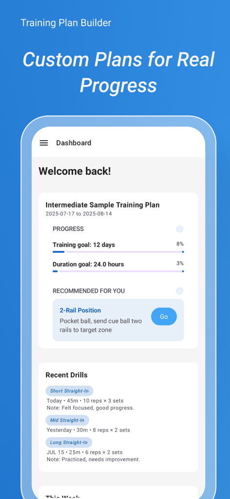Pool & Billiards Self-Trainer - 훈련 목표와 최근 드릴 목록을 표시하는 당구 & 풀 셀프 트레이너 앱의 대시보드