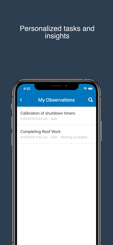 Intelex Mobile - Écran de l'application Intelex Mobile montrant les observations et tâches de sécurité personnalisées
