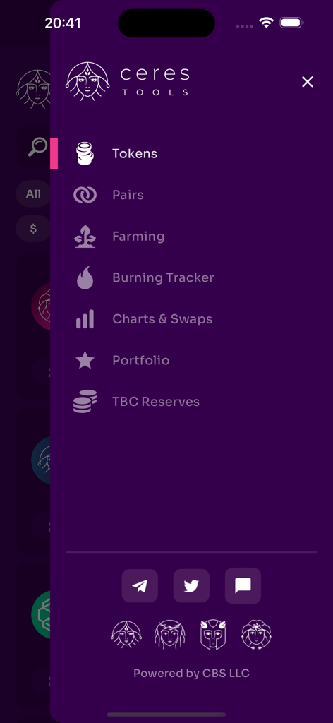 Ceres Tools - Menu lateral do aplicativo Ceres Tools exibindo opções de navegação para tokens de criptomoeda, farming e rastreador de queima