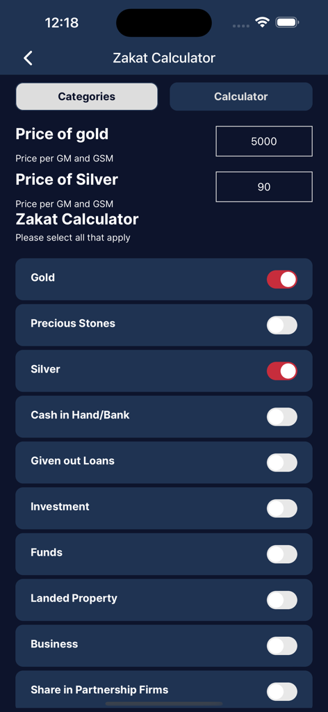 Alim Quran and Hadith Platform - Zakat calculator interface in the Alim app showing gold silver and other wealth categories