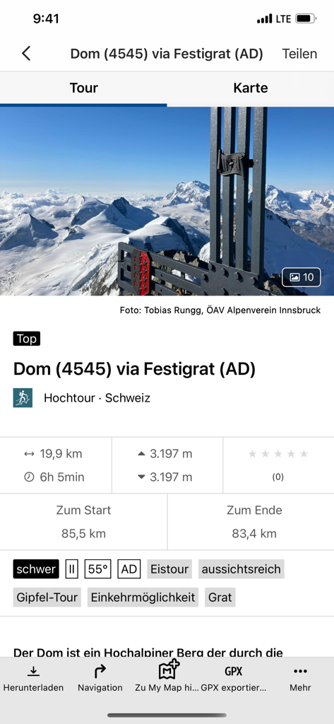 Tourenplaner SCHWEIZ - Details der Hochtour Dom über Festigrat in der mobilen Tourenplaner SCHWEIZ App, mit Distanz und Höhenmetern