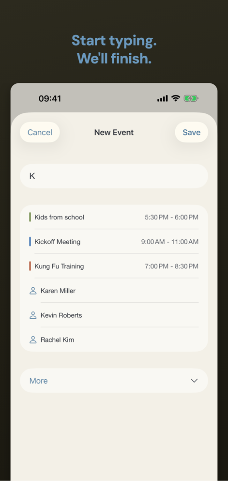 Appoint - Smart Calendar - Interfaz del calendario inteligente Appoint que muestra sugerencias predictivas de eventos y contactos mientras se escribe