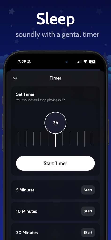 Interface of the Sleeping Owl app showing the custom sleep timer settings with presets and a duration dial.
