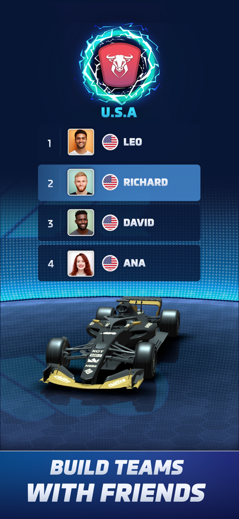Racing Rivals: Motorsport Game - Racing Rivals app screenshot showing a team of four US players on a leaderboard above a black formula racing car with the caption Build Teams with Friends