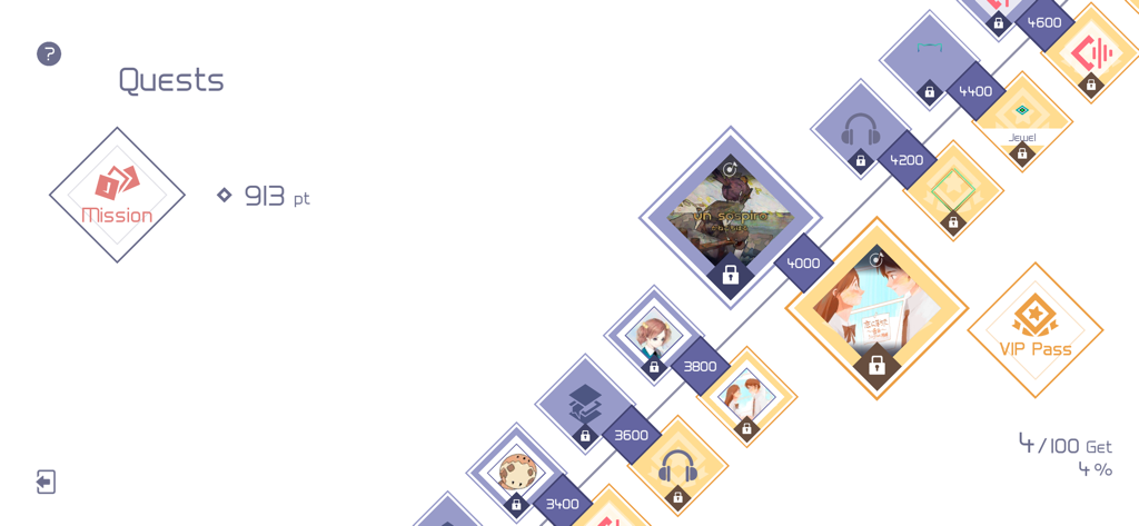 Das Quest-Menü des Spiels VOEZ mit einem diagonalen Pfad aus Missionsbelohnungen und Gesamtpunktzahlen.