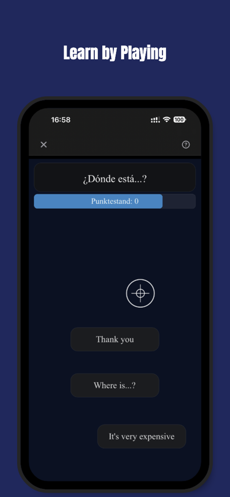 Interfaccia del gioco di apprendimento linguistico nell'app Studiare che mostra un quiz di traduzione di frasi spagnole con risposte a scelta multipla.