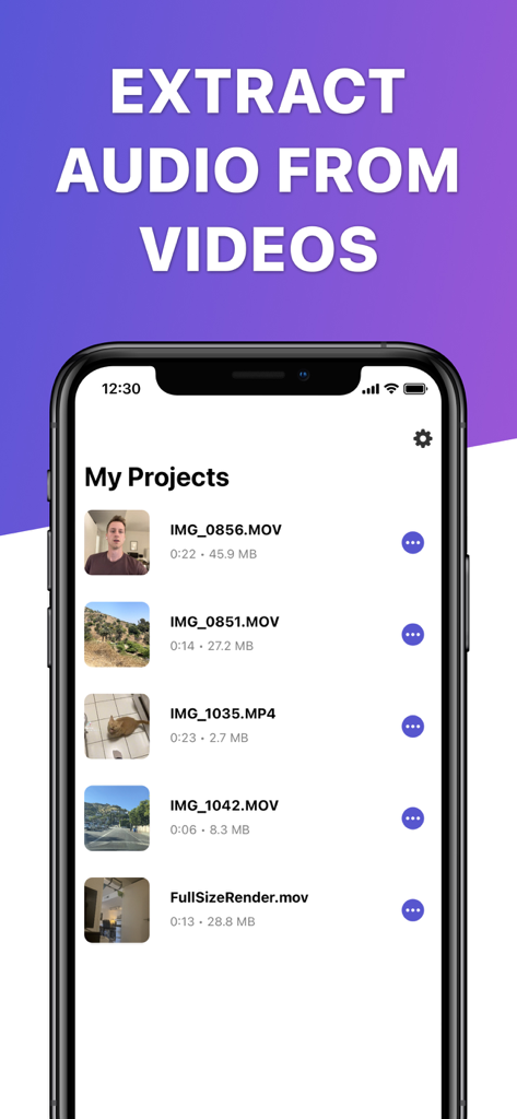 Video 2 MP3 Converter - Interface do aplicativo Conversor de Vídeo para MP3 mostrando uma lista de projetos de vídeo para extração de áudio