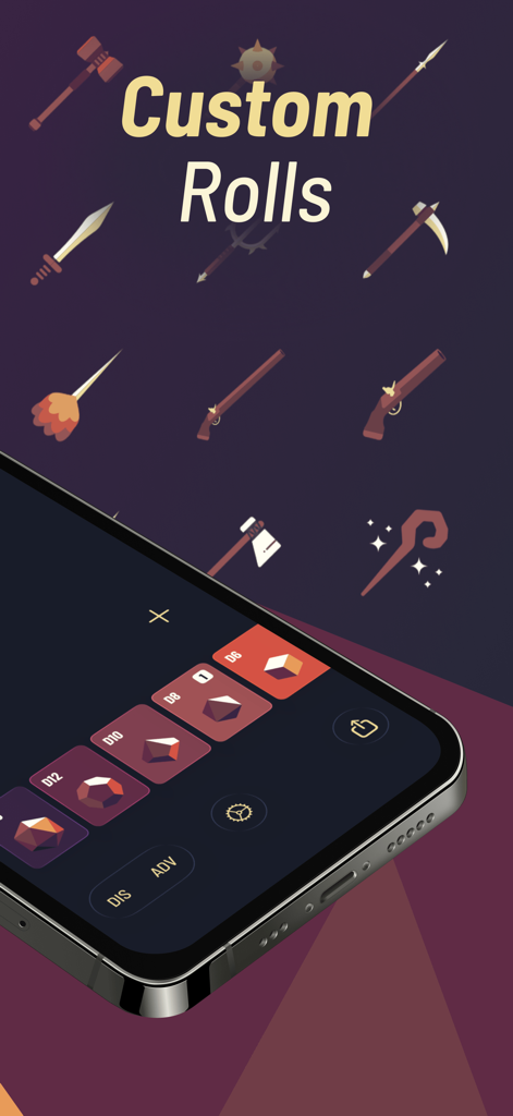 Benutzerdefinierte Würfelwurf-Oberfläche in der Twilight Dice App, die verschiedene Würfeltypen und Waffensymbole anzeigt