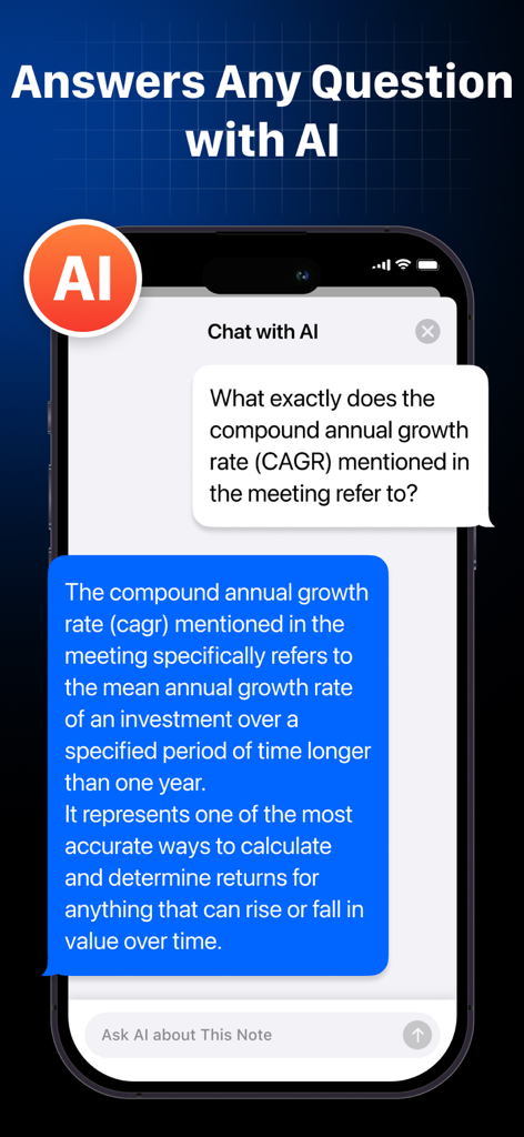 AI Note Taker-Voice to Notes ! - Smartphone screen displaying an AI chatbot answering a professional question about meeting notes