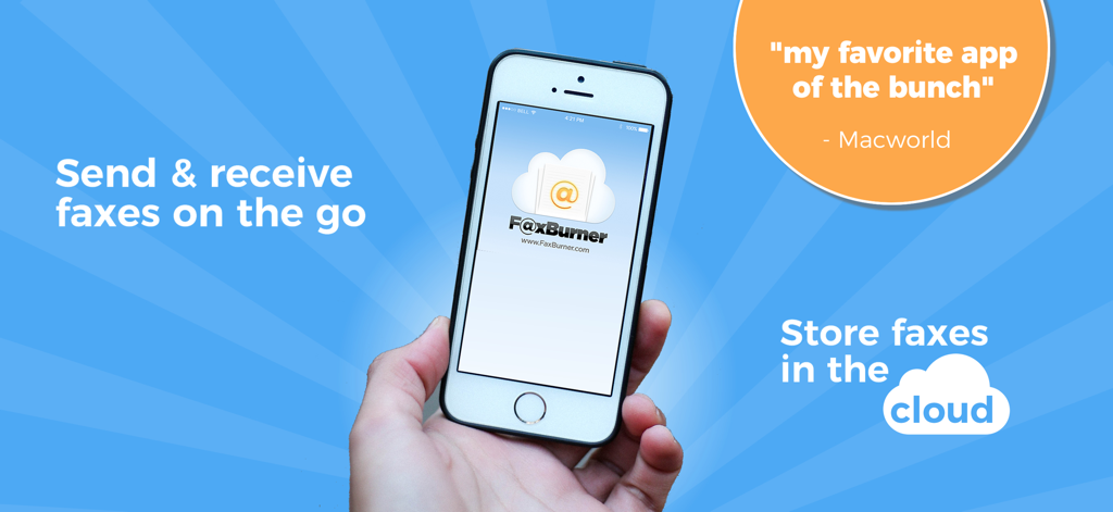 Fax Burner: iPhone Fax App - A person holding an iPhone displaying the Fax Burner app interface for sending and receiving faxes on the go.