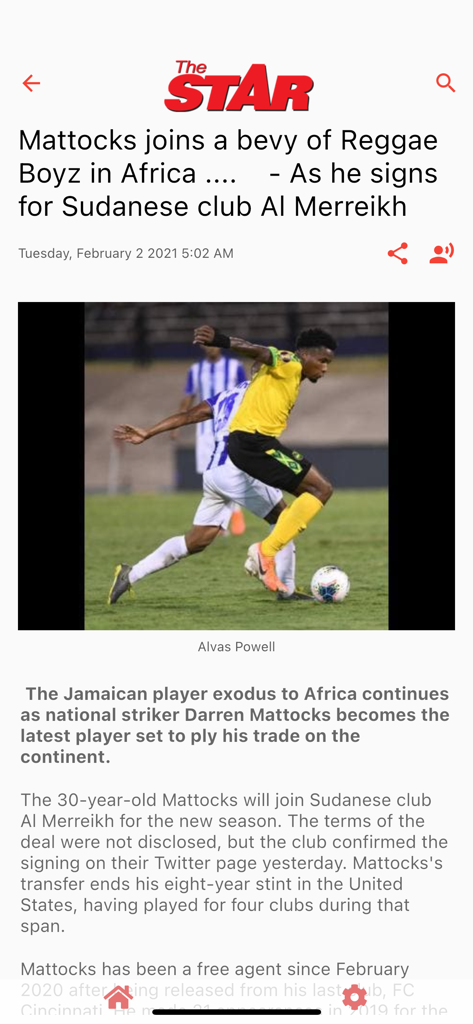 Screenshot of a sports news article in the Jamaica Star app about Jamaican footballer Darren Mattocks