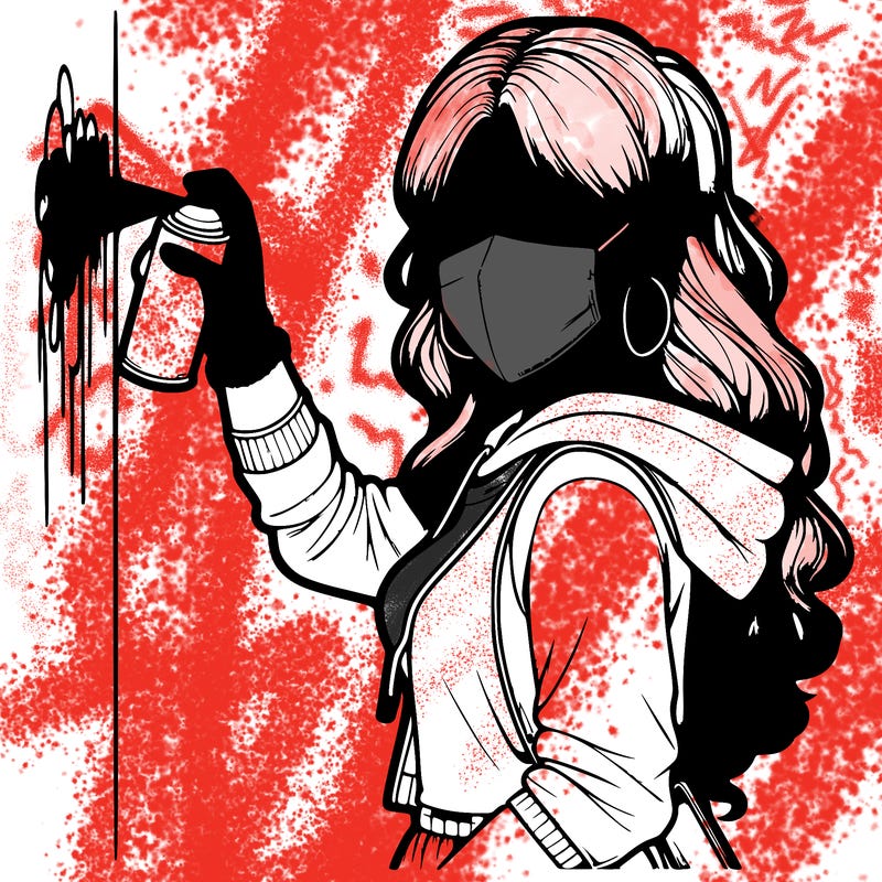 realistic girl with mask spray painting a wall