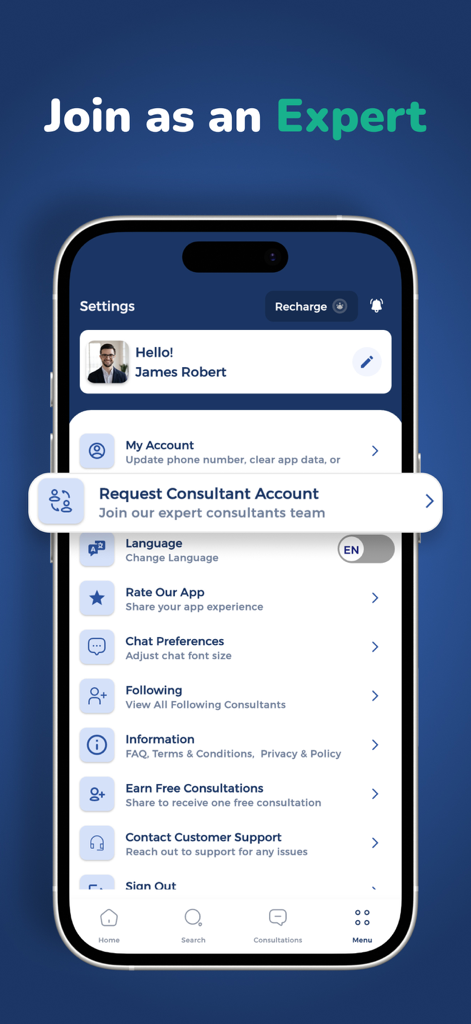 Shawir Online Consultations - Shawirアプリの設定画面。エキスパートコンサルタントアカウントの申請オプションが表示されています。