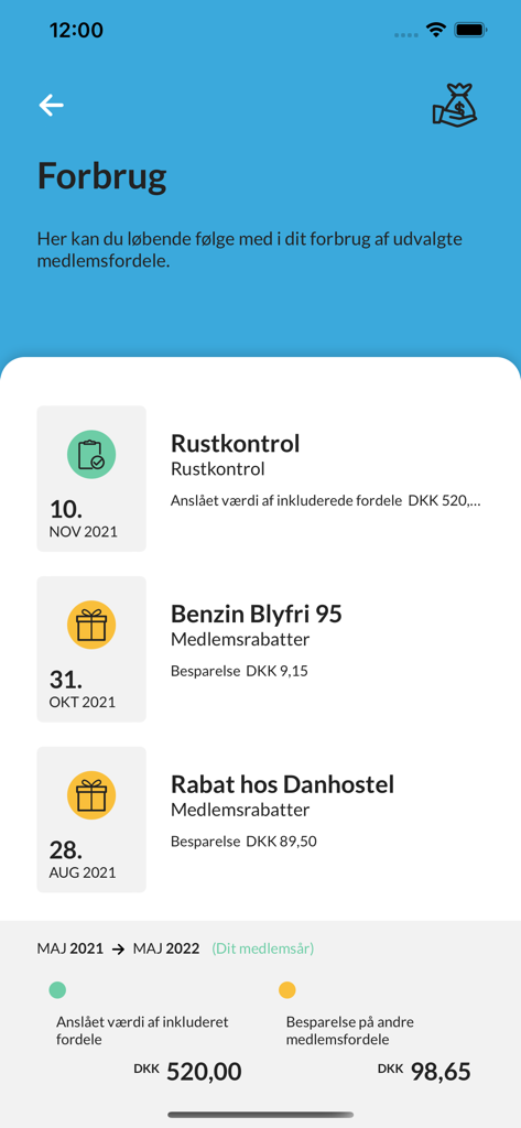 Mit FDM app screen displaying a summary of member savings and used benefits including rust control and fuel discounts