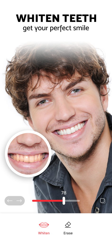 Pixl: Face & Red Eye Corrector - Comparison of teeth whitening results in the Pixl photo editing app