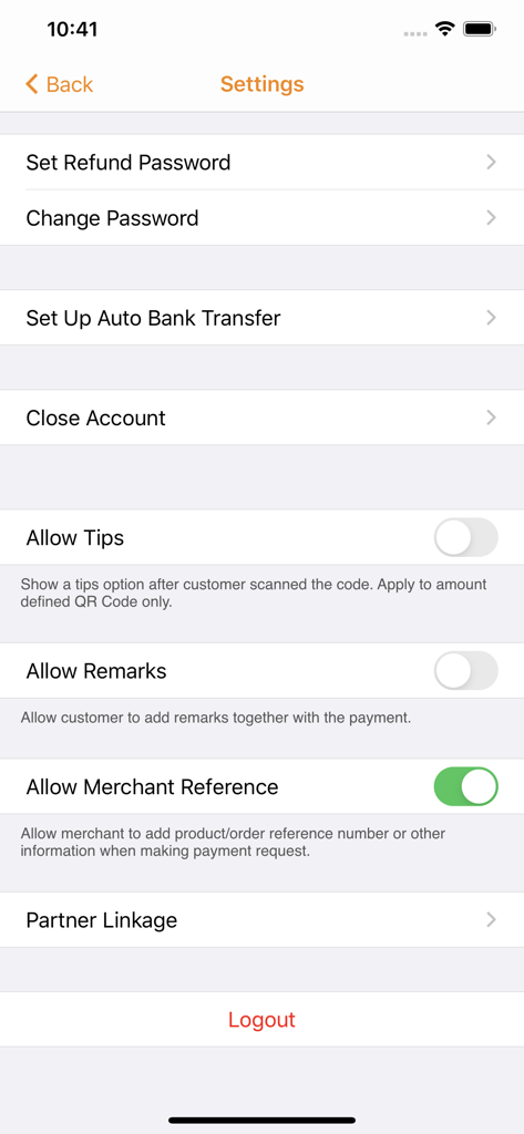 Settings screen of the Octopus for Business app showing merchant account options and payment configuration toggles