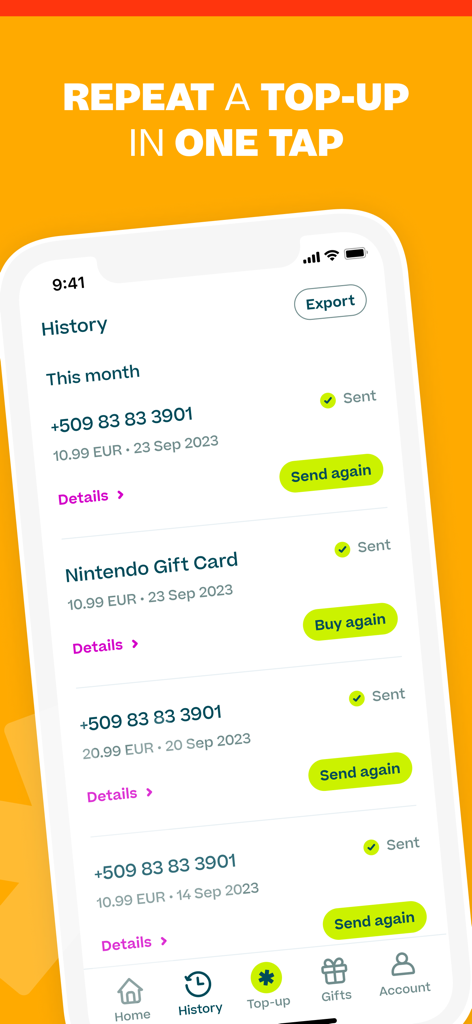 Ding Top-up: Mobile Recharge - Bildschirm mit Transaktionsverlauf in der Ding-App, der Optionen zum Wiederholen von mobilen Aufladungen und Geschenkkarteneinkäufen anzeigt.
