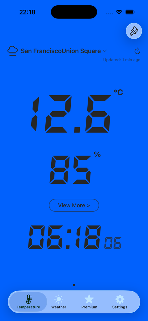 Thermometer - Digital Meter - Digital thermometer app interface showing real-time temperature and humidity in a classic LCD segment style on a blue background
