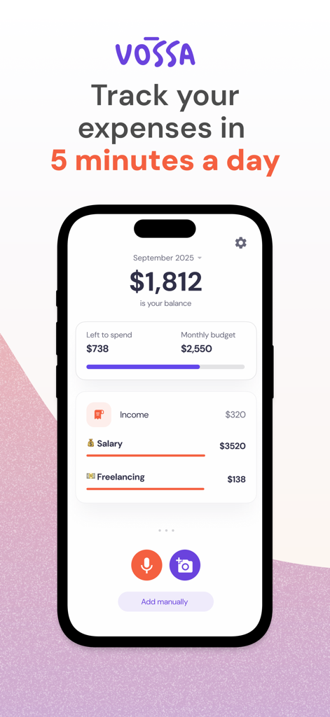 AI Expense Tracker - Vossa - Panel de la aplicación Vossa que muestra el saldo, el presupuesto mensual y el seguimiento de ingresos para salarios y trabajos freelance