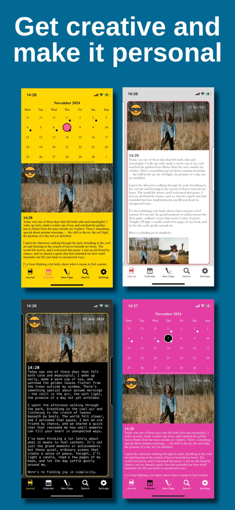 My Daily Diary ‎ - Cuatro capturas de pantalla de Mi Diario Personal que muestran temas de color amarillo, blanco, negro y rosa con seguimiento del estado de ánimo y fotos.