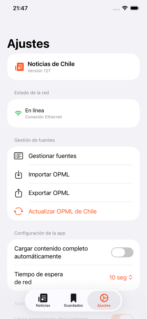 Noticias de Chile: Diarios - Settings menu of the Chilean news app showing source management and OPML import options