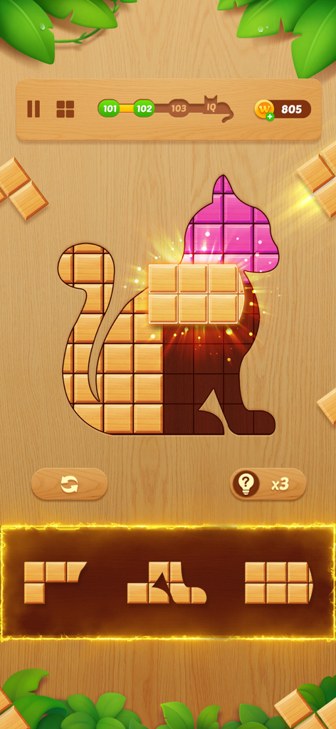 Block Crush: Wood Block Puzzle - Gameplay screenshot of Block Crush showing a cat shaped wooden jigsaw puzzle being solved with blocks.