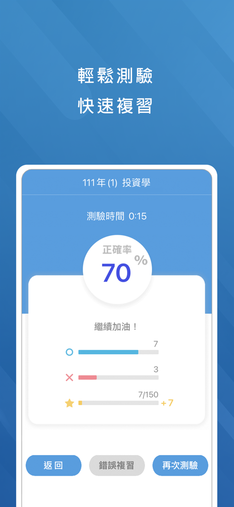 導遊領隊題庫 - Captura de pantalla de la aplicación del examen de guía turístico de Taiwán que muestra los resultados del cuestionario con una precisión del 70 por ciento para la certificación de guía turístico taiwanés