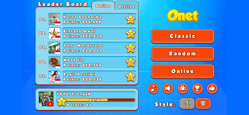Onet Online main menu showing game modes and player leaderboard